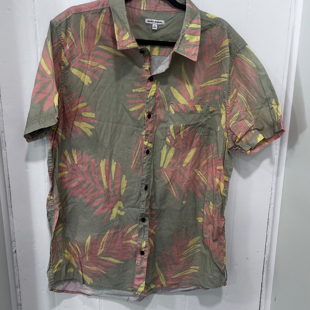 Banks Journal Mens XL Tropical Palm Leaf Print Cotton Short Sleeve Button Down